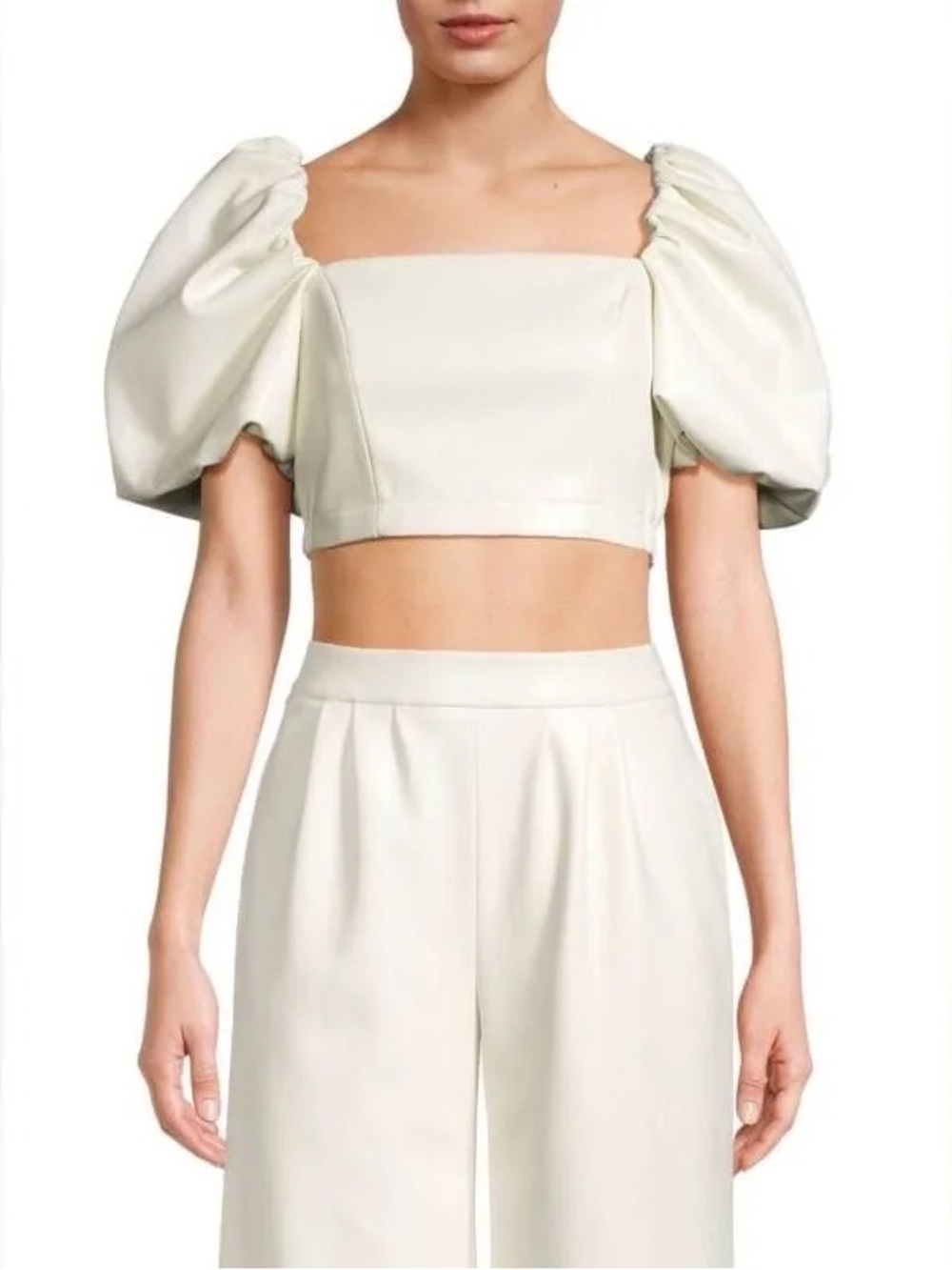 TOCCIN Mira Puff Sleeve Faux Leather Crop Top Ivory Size 4 NWOT